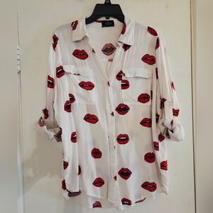 White Button-Up Blouse with Red Lip Print